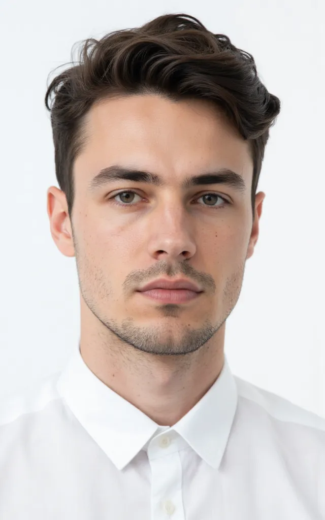 A French male model with a Side   part, wearing a shirt, against a white background, in a front   facing bust portrait